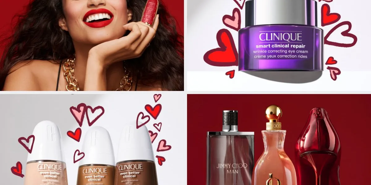 Δώρα ομορφιάς / cover Προϊόντα ομορφιάς και αρώματα Clinique και Jimmy Choo, ιδανικά για δώρα, με ρομαντική αισθητική και κόκκινες λεπτομέρειες.